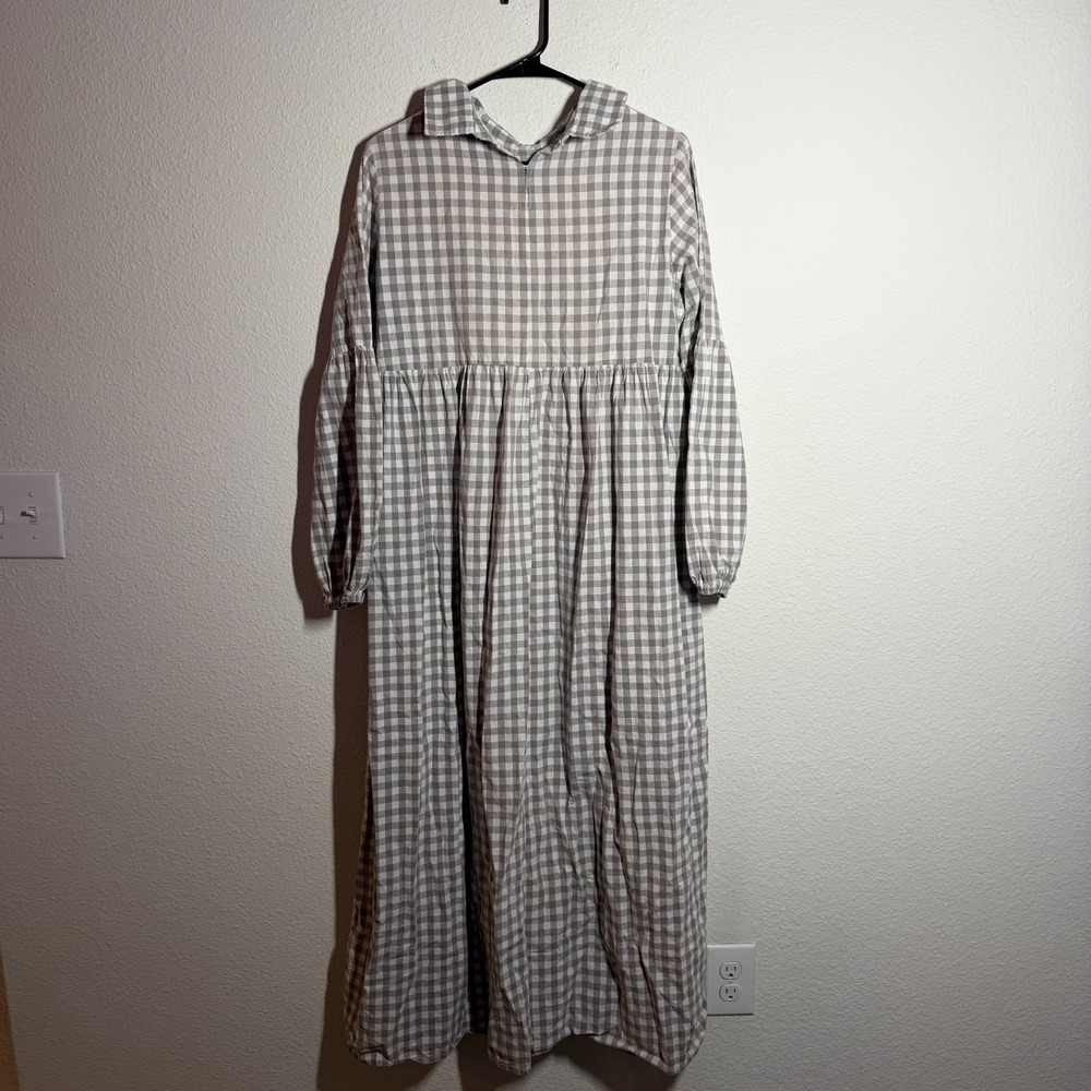 ESSA Maxi A Line Dress Womens 2 Gray White Gingham Peter‎ Pan Collar Pleated